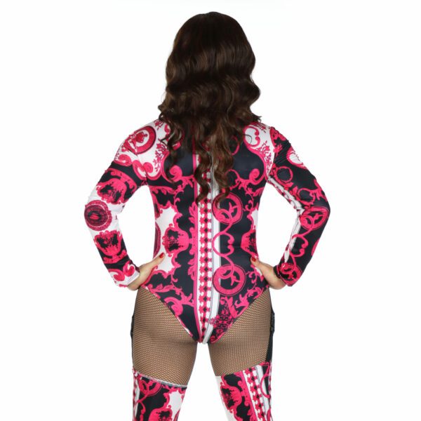 pink drag queen bodysuit, rear view