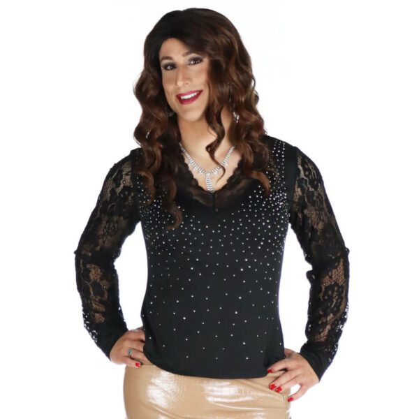 Black Lace Rhinestone Long Sleeve V Neck Top